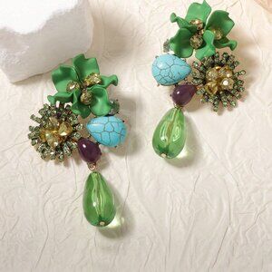 Green Casual Women's Flower Drop Earrings